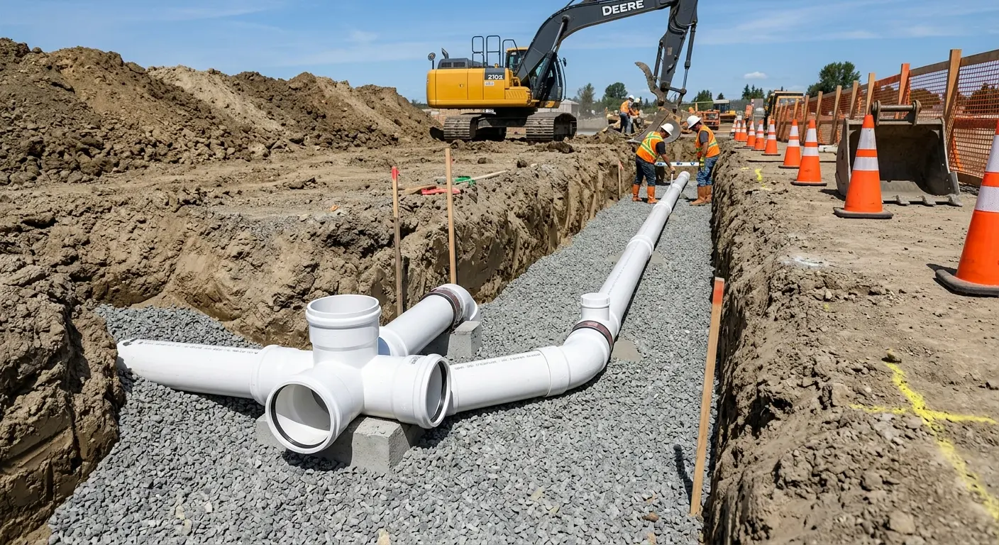 New PVC sewer pipe installation in open trench for Commercial Drain Cleaning in Cedar Hills