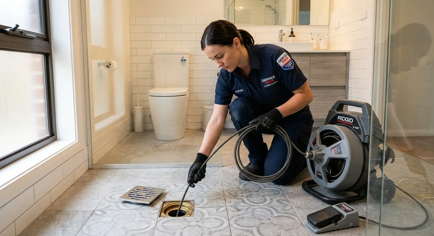Technician clearing a bathroom floor drain for Hydro Jetting in Cedar Hills